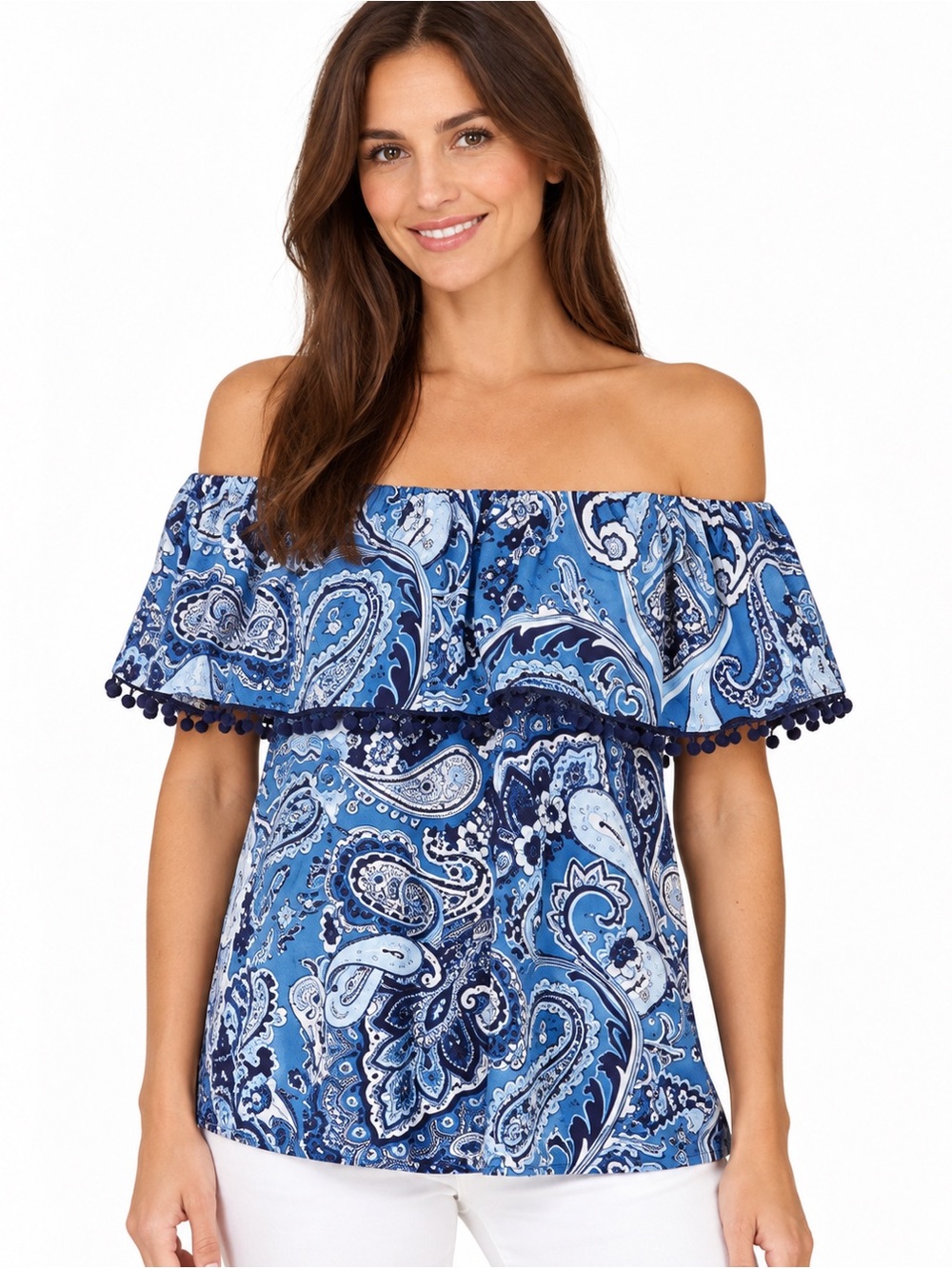 ECI Paisley Pom Pom Trim Off the Shoulder top *87